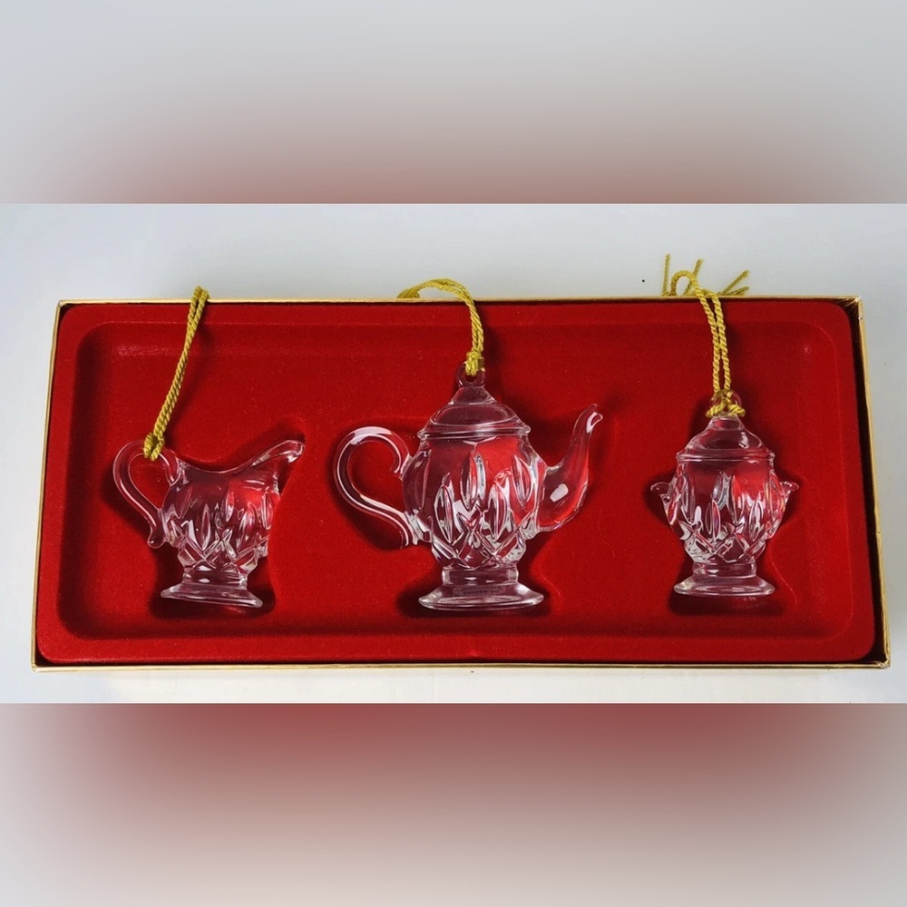 Gorham Crystal Teapot Ornament Set with Gold Accents
